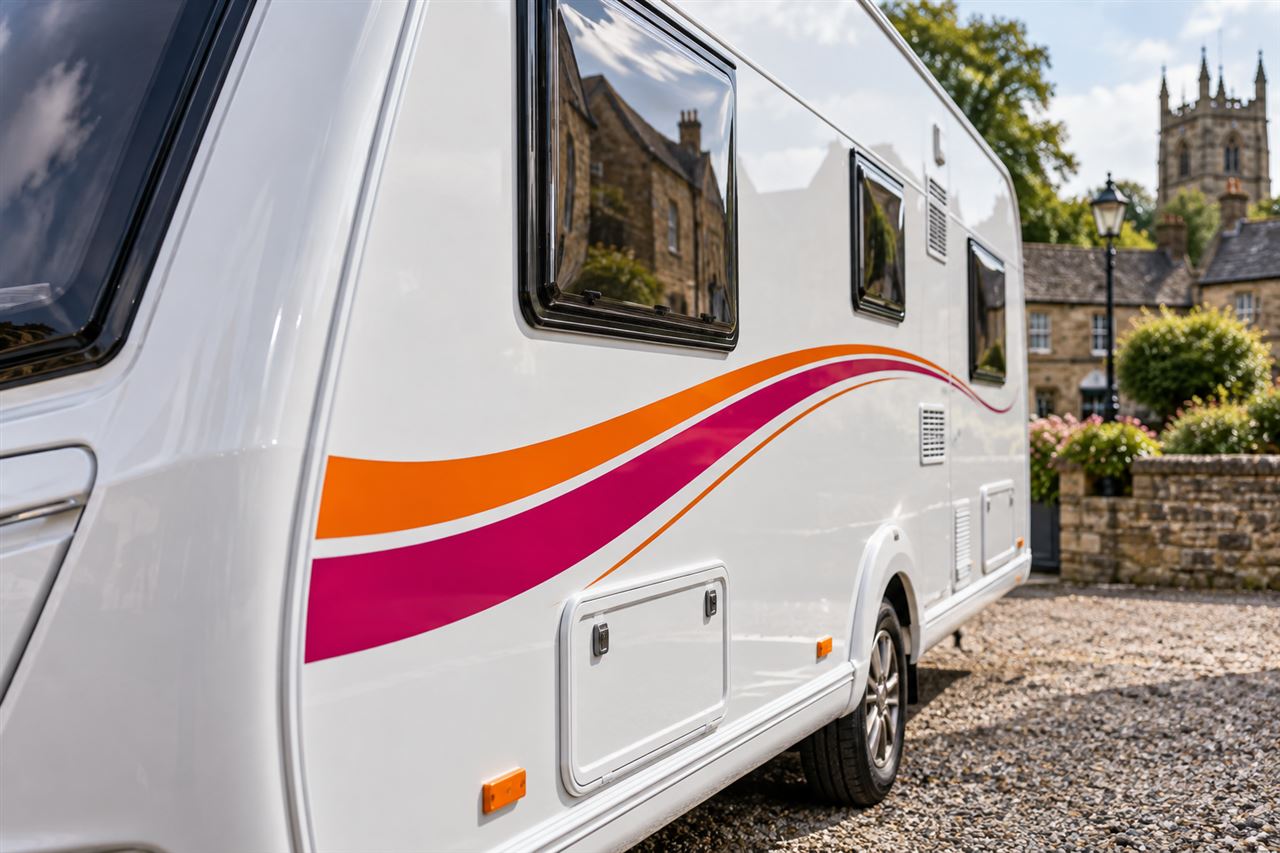 Touring caravan with orange and magenta replacement stripes