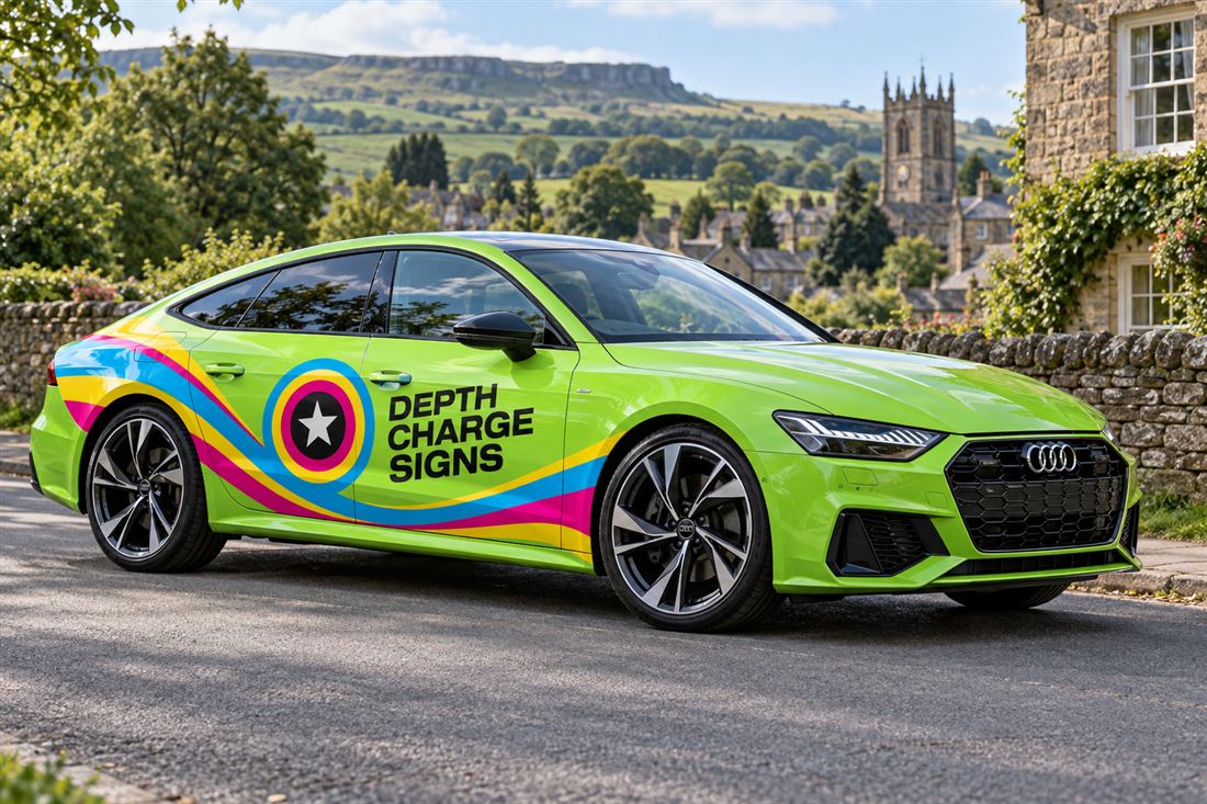 Car wrapped in lime green with sweeping multicolour graphics