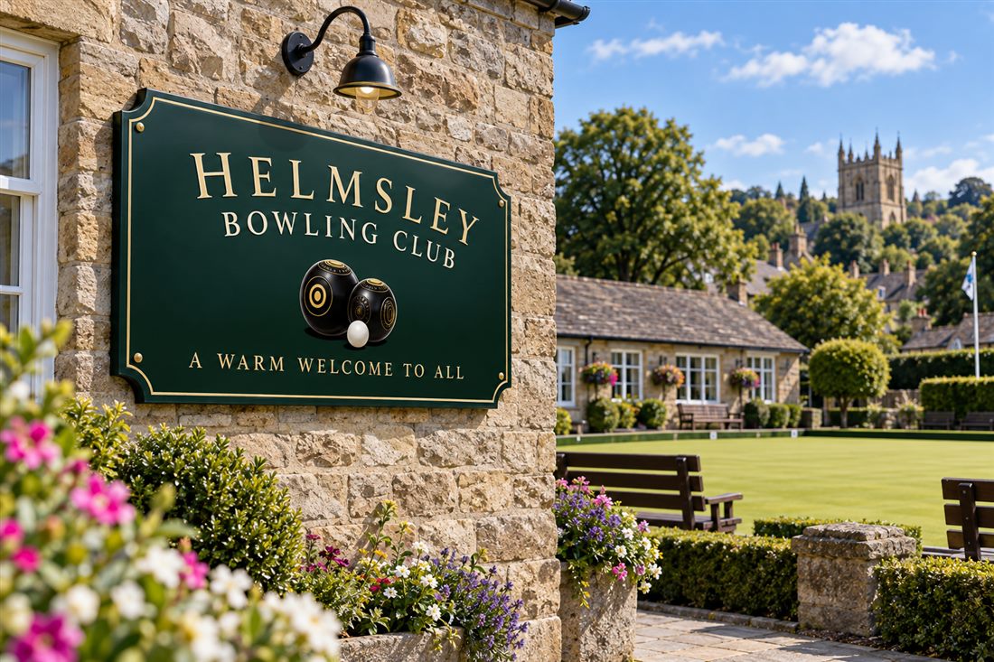 Dark green bowling club sign with gold lettering on a stone wall beside the green