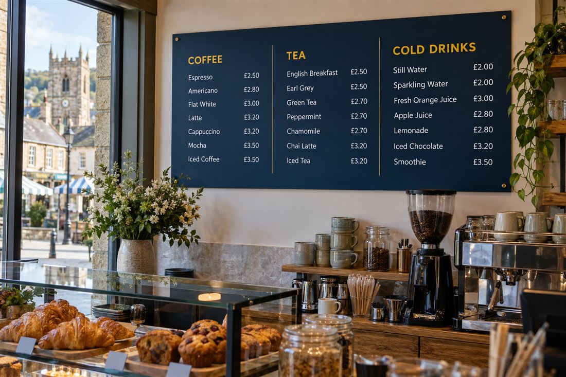Three-column menu board on a café wall above the counter