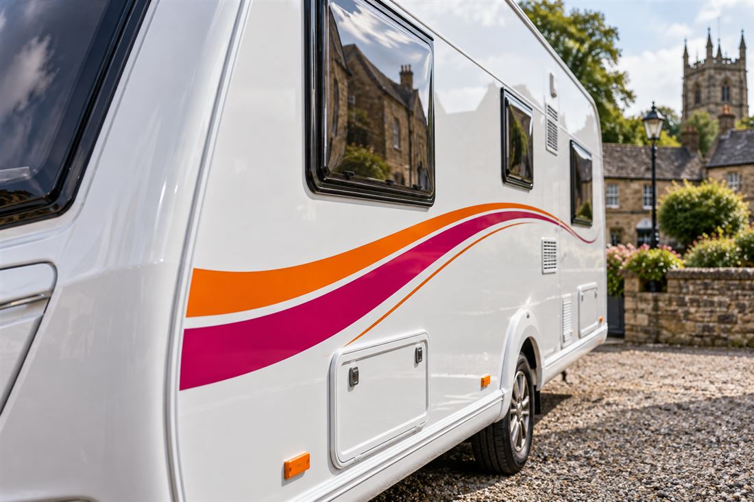 Touring caravan with new orange and magenta side stripes