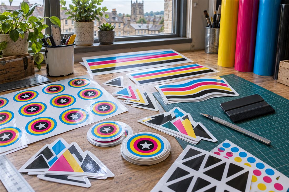 Printed die-cut stickers on a workbench beside rolls of vinyl