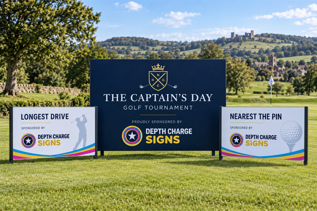 Golf tournament welcome board with longest drive and nearest the pin sponsor boards on a fairway