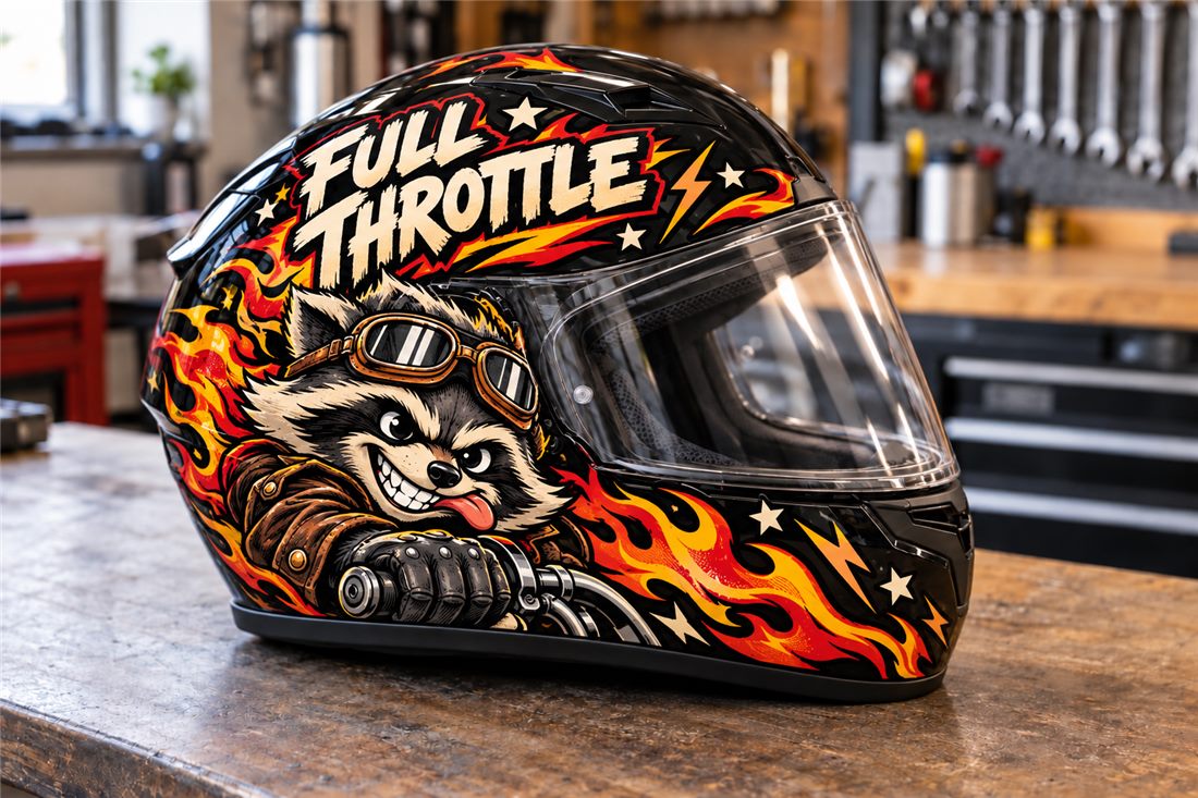 Black motorbike helmet with flame and raccoon graphics