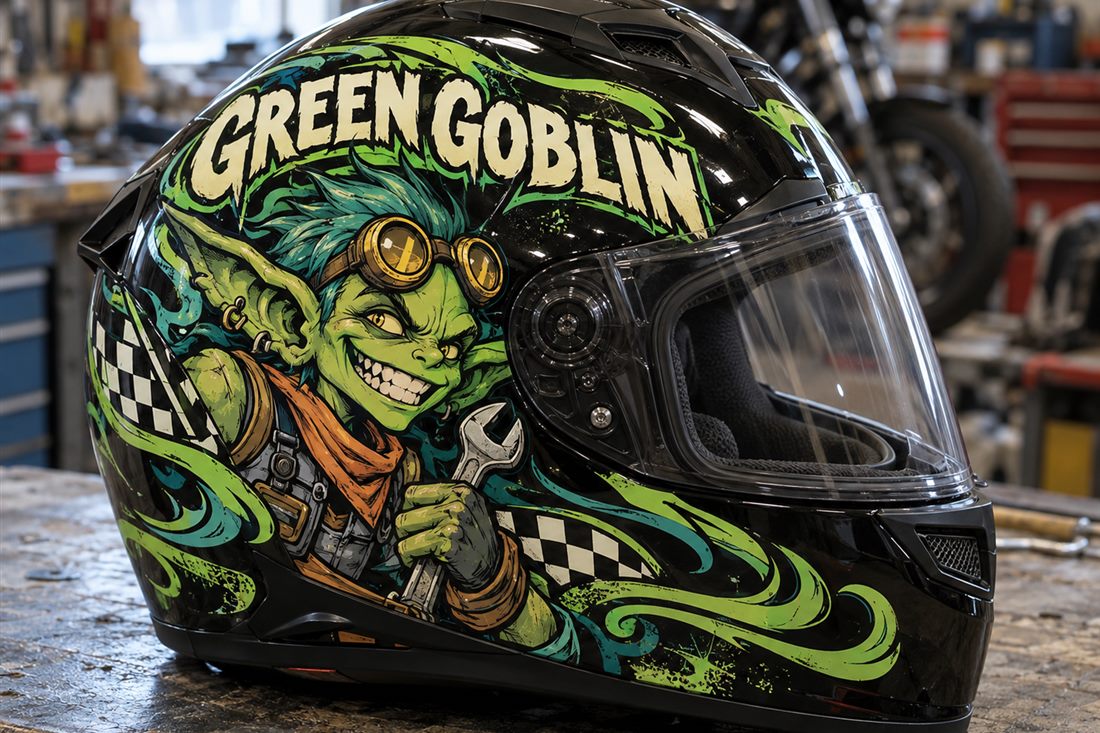 Black helmet with a green goblin mechanic holding a spanner