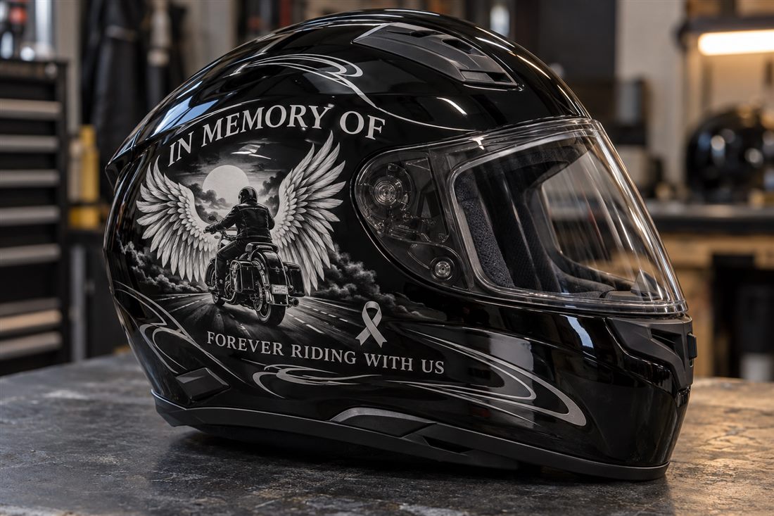 Black helmet with a silver memorial design of a winged rider