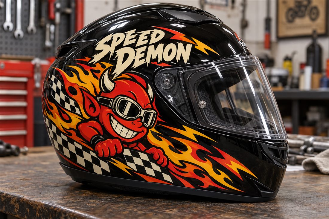 Black helmet with a red devil racer, flames and chequered flag graphics