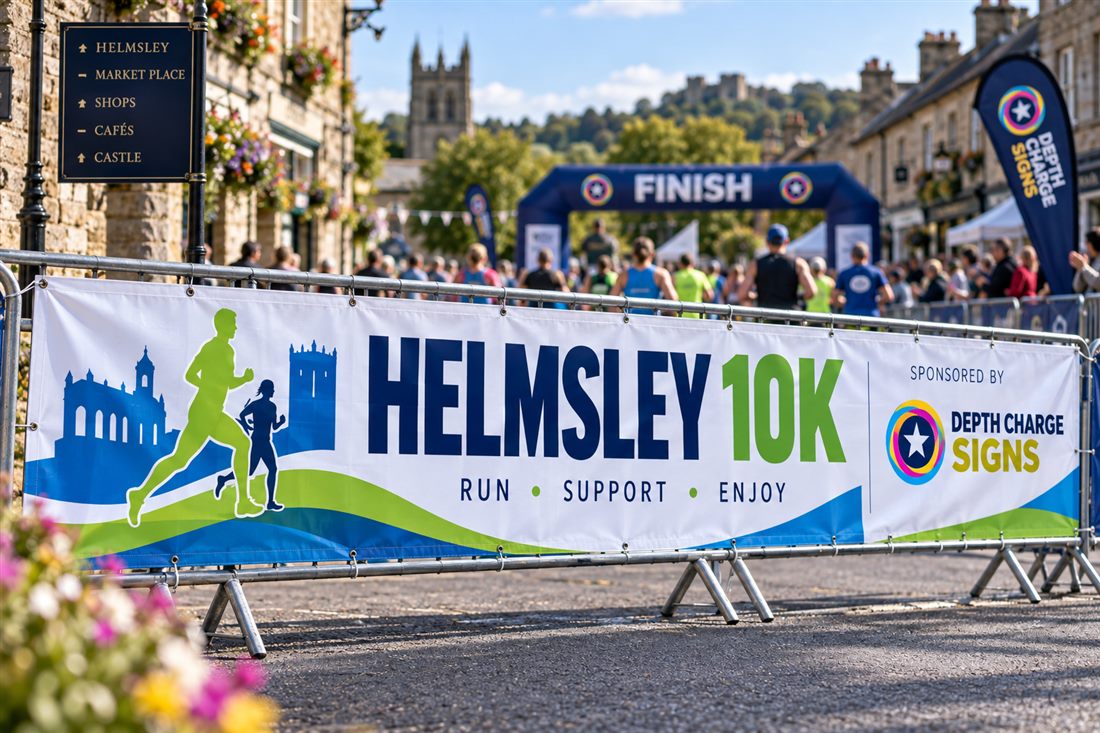 Helmsley 10K event banner on crowd barriers at the finish line
