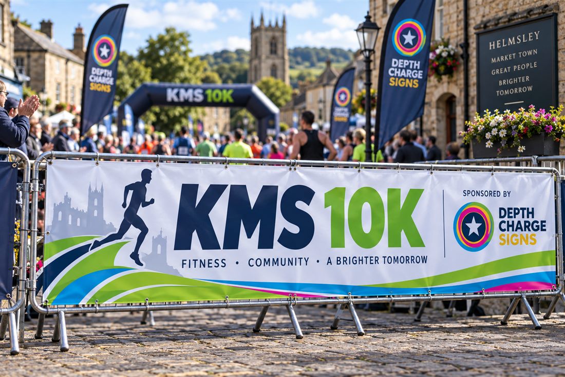 KMS 10K event banner on crowd barriers with feather flags behind