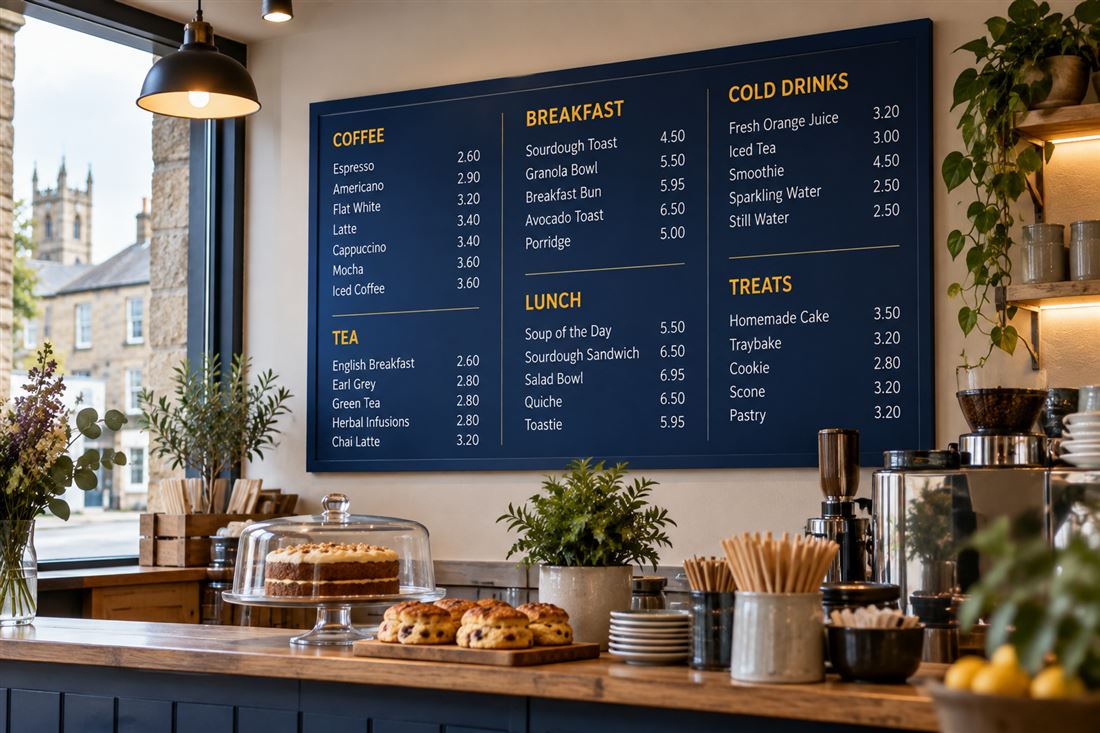 Large navy menu board with breakfast, lunch and drinks sections