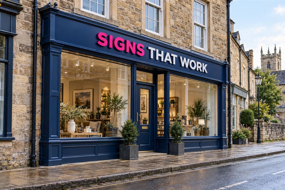 Navy shop fascia with magenta and white lettering