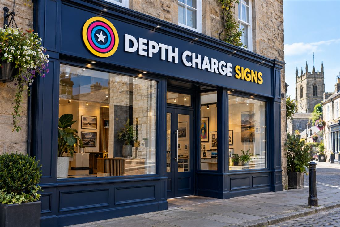 Navy shop fascia with raised lettering on a stone shop front