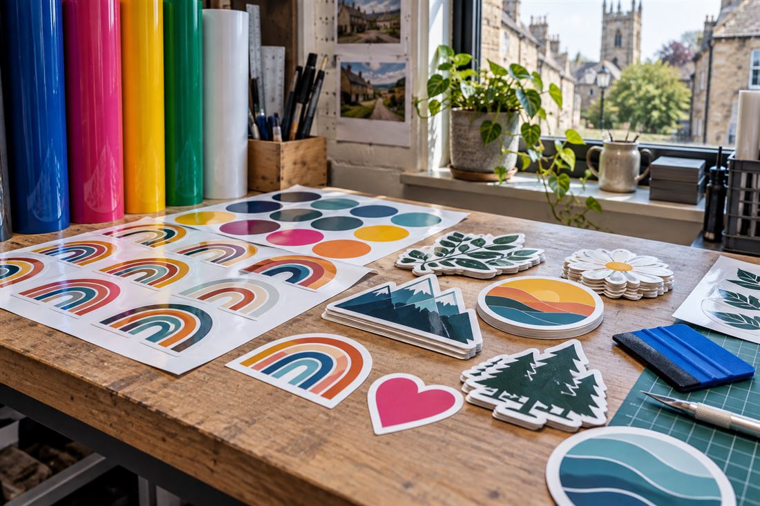 Sheets of colourful kiss-cut stickers on a wooden bench