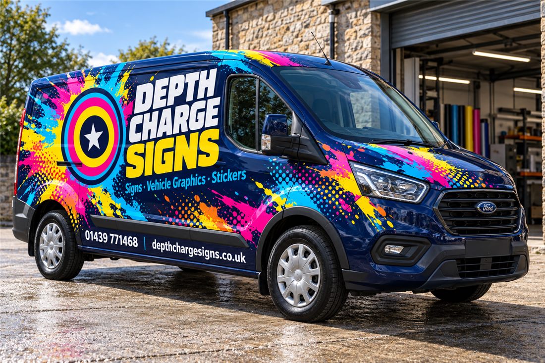 Navy Transit van in a full colour printed wrap with Depth Charge Signs branding