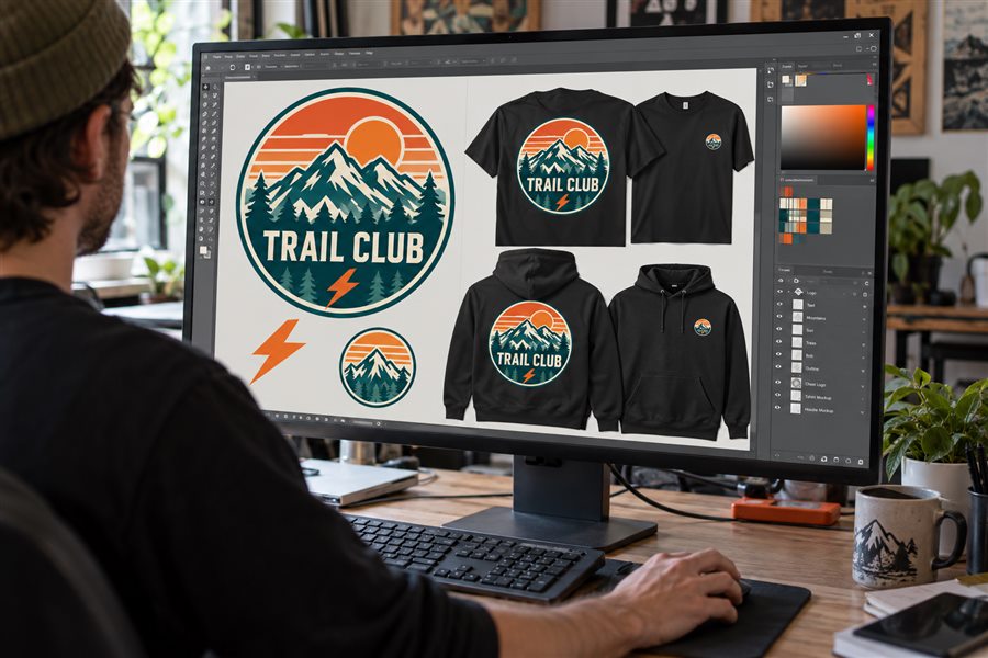 Designer laying out a club logo on T-shirt and hoodie mock-ups on screen