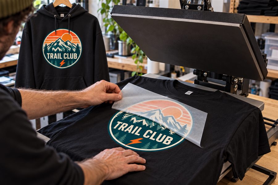 Printed transfer being pressed onto a T-shirt