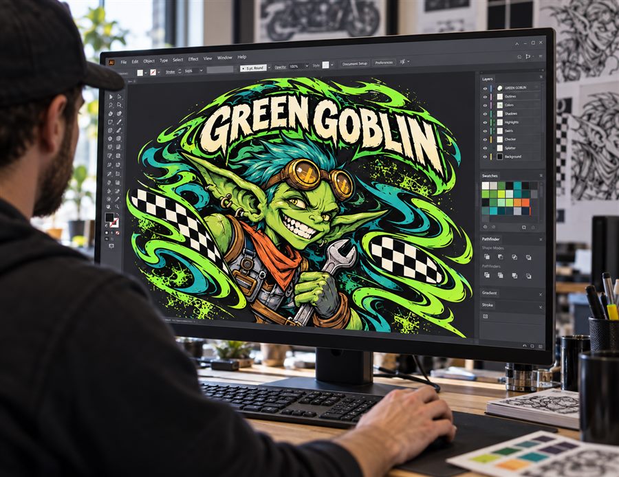 Designer drawing helmet graphics on screen with sketches and colour swatches on the desk