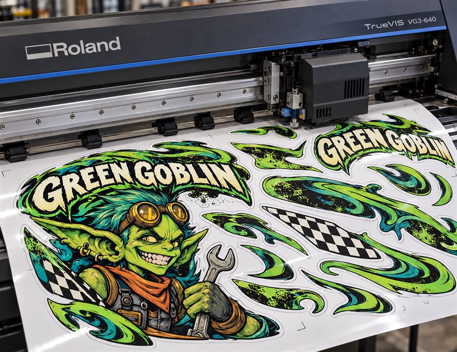 Printed helmet graphics being contour-cut on the Roland TrueVIS VG3-640
