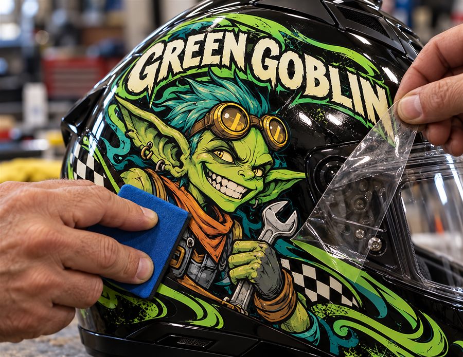 Hands applying the printed graphics to a helmet with a felt squeegee