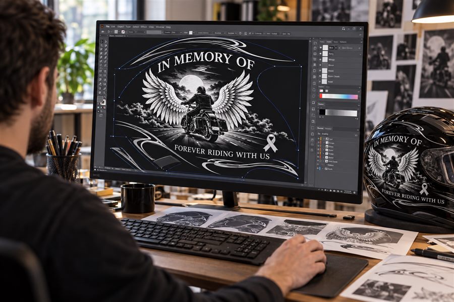 Designer finishing a memorial helmet design of a winged rider on screen