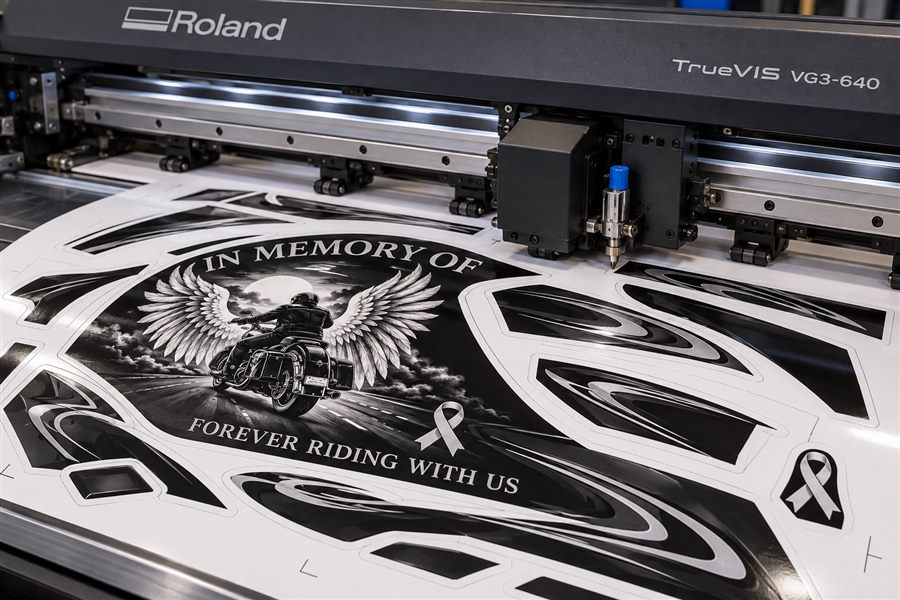 Memorial helmet graphics being contour-cut on the Roland TrueVIS VG3-640
