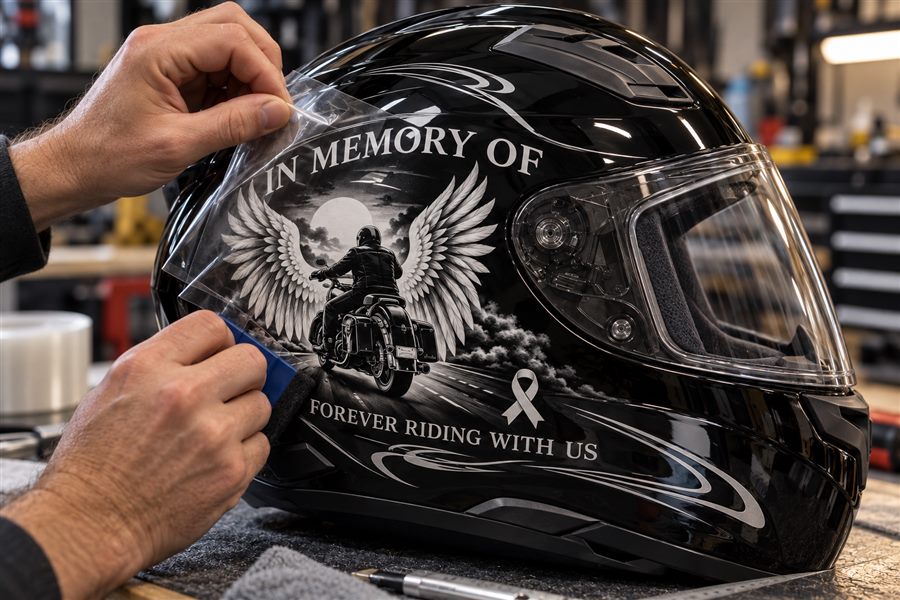 Hands applying the memorial graphics to a black helmet