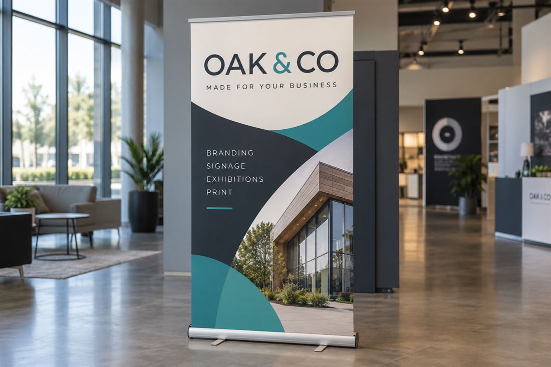 Roller banner standing in a modern reception