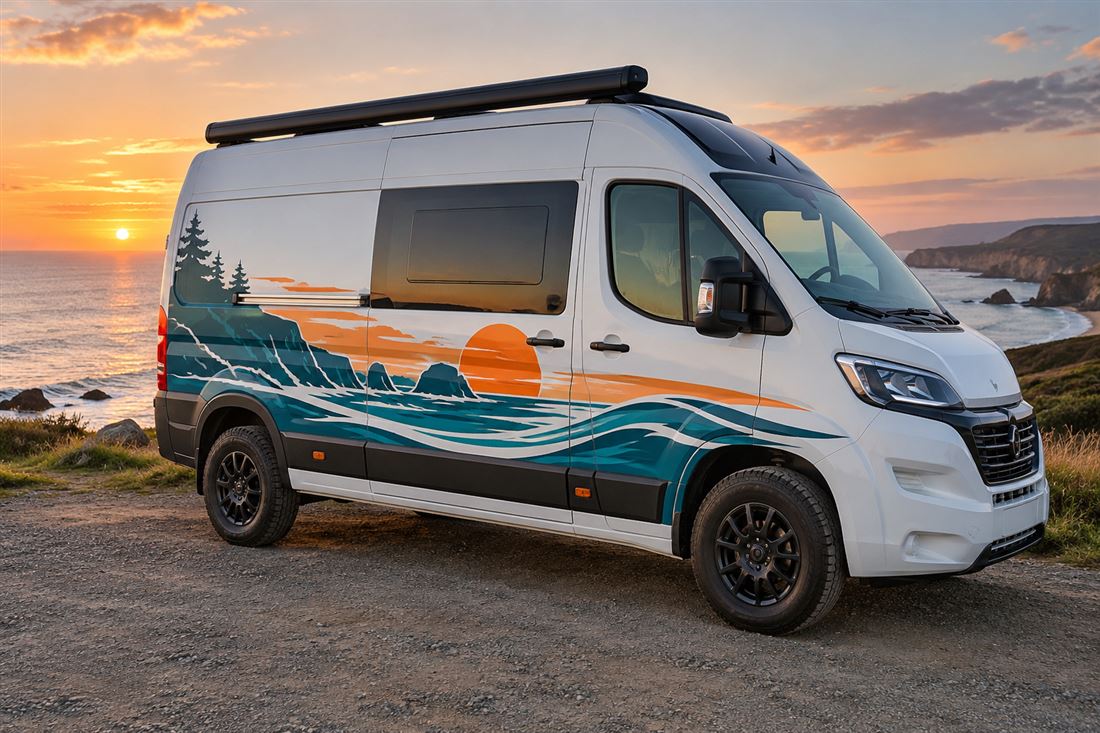 Campervan wrap: a coastal sunset part-wrap