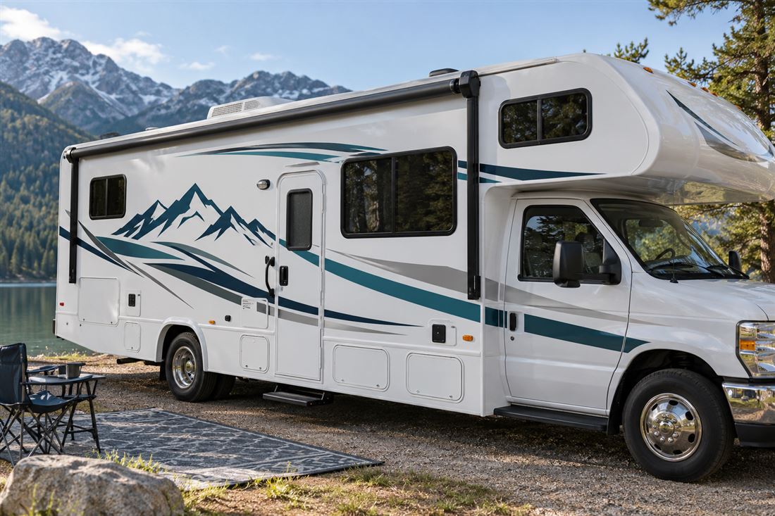 Motorhome graphics: mountain-scene side graphics