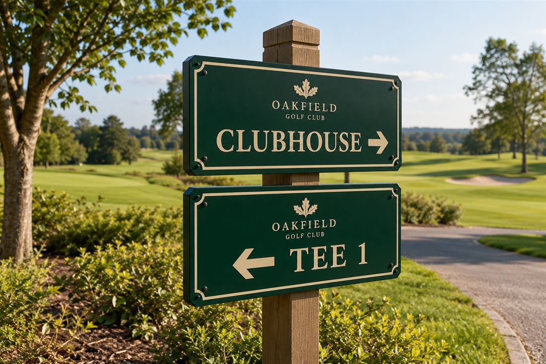 Course direction signs: clubhouse and first tee pointers