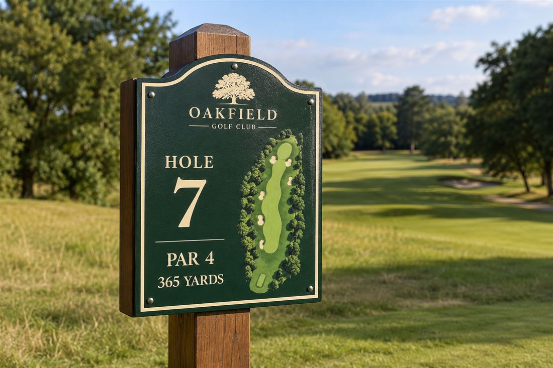 Tee sign: hole number, par and yardage