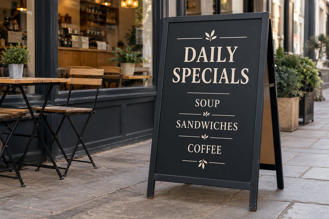 A-board with daily specials outside a café