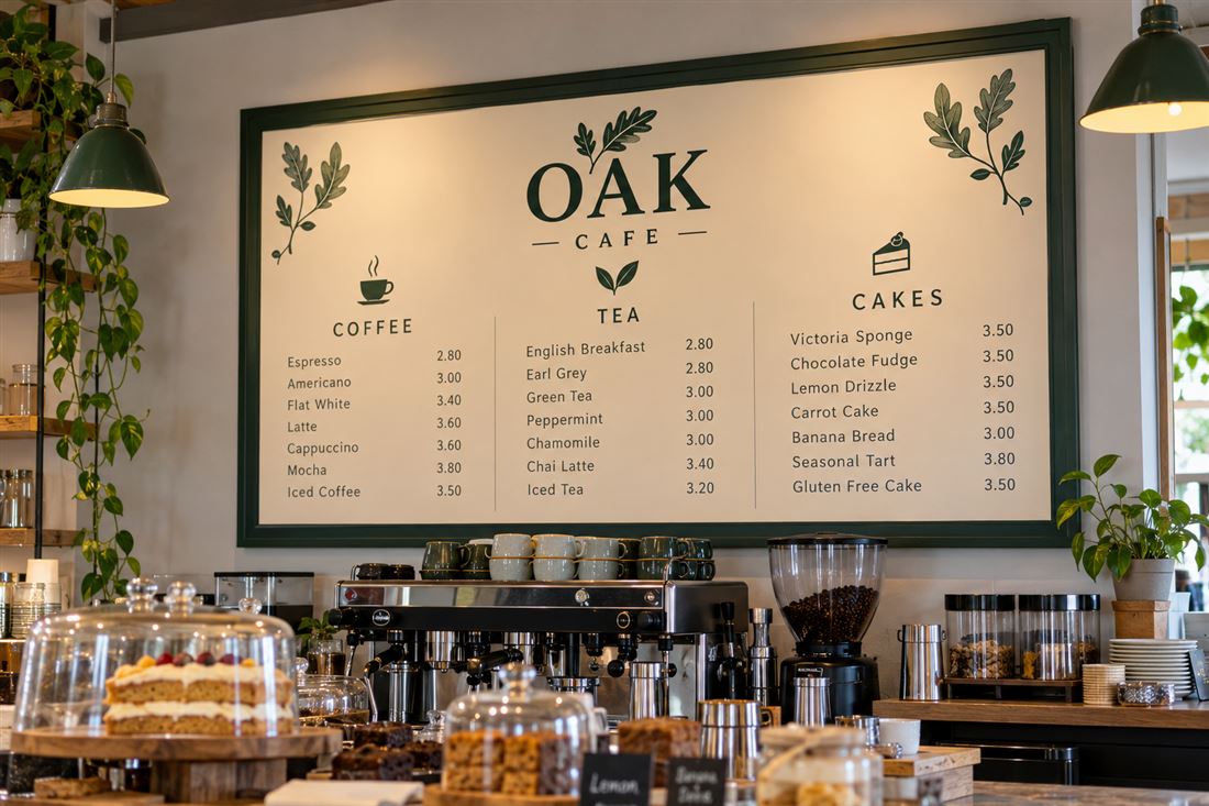 Café menu board: a wall menu above the counter