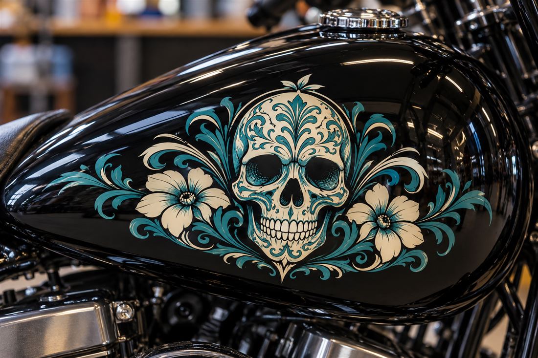 Custom tank graphic: a one-off skull and floral design