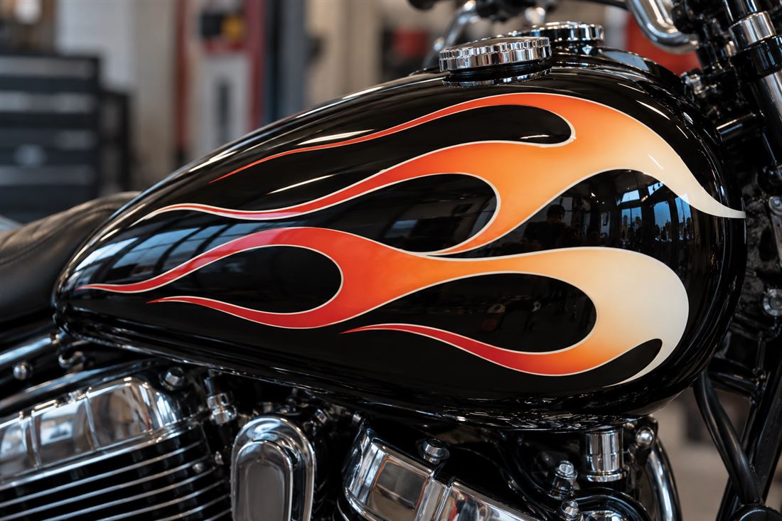 Flame tank decal: classic flames on a black tank