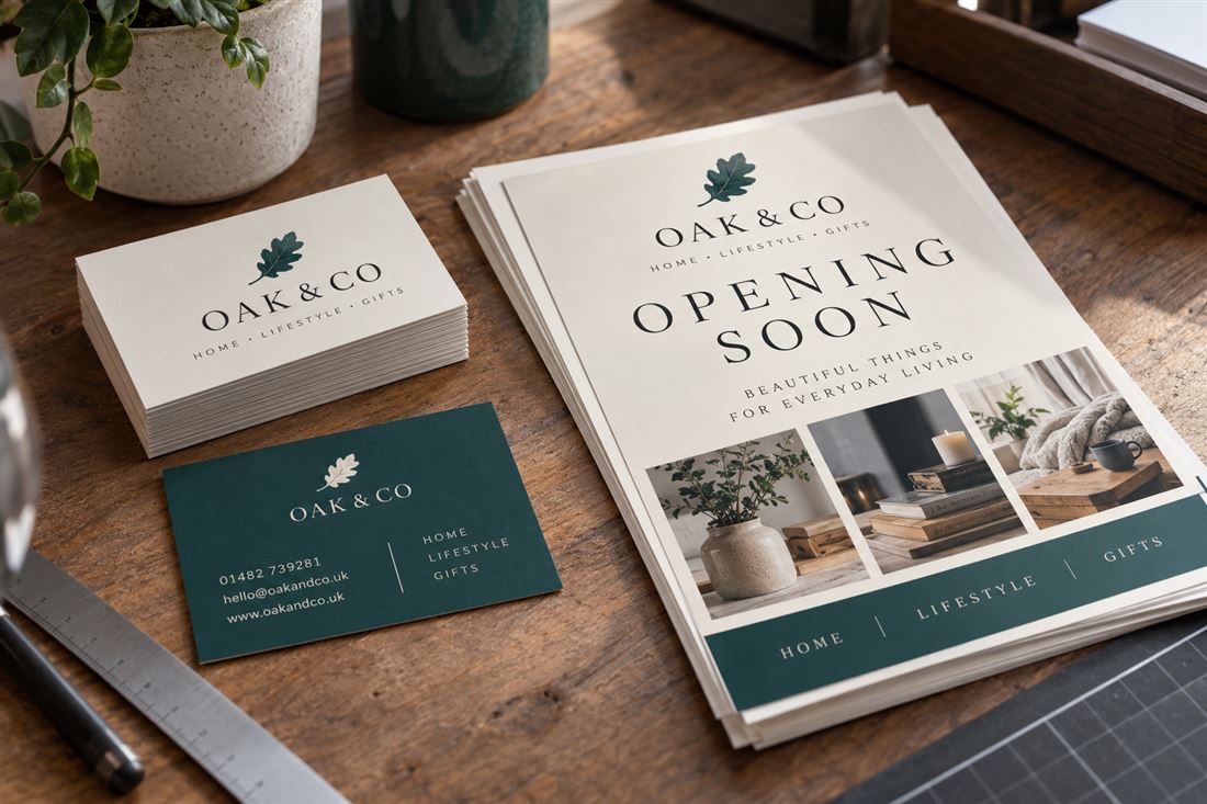 Business print: cards and an opening brochure