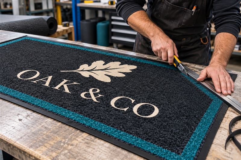 Logo floor mat: fitting and finishing