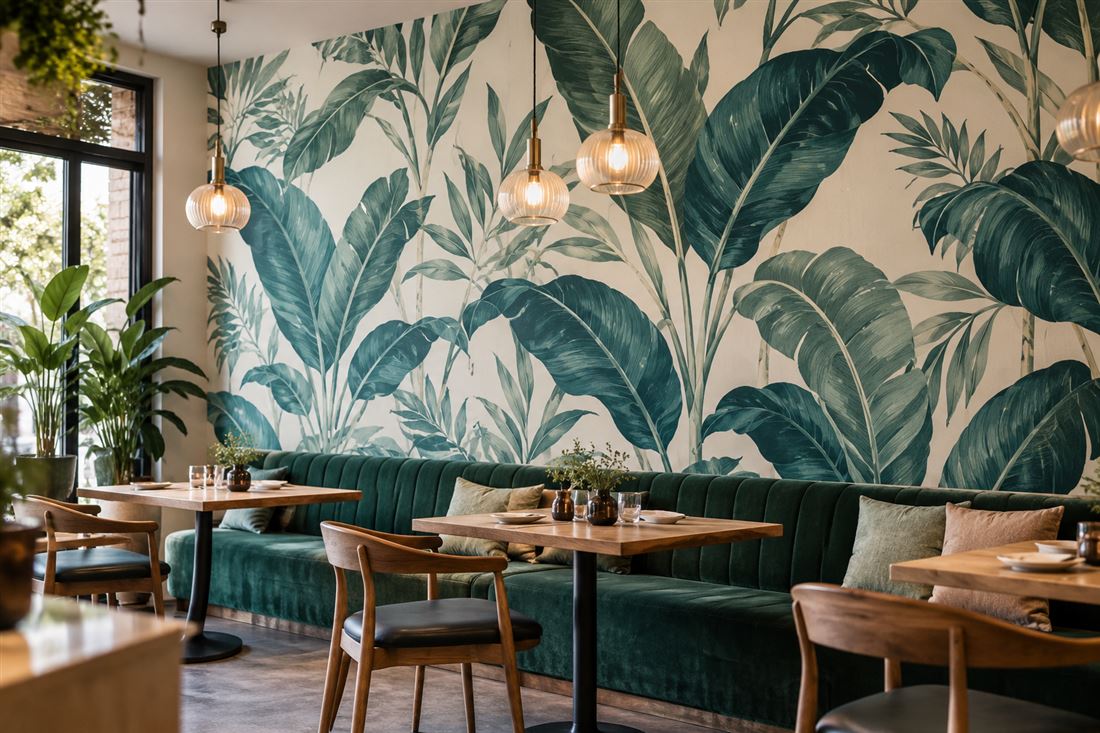 Printed wallpaper: a botanical feature wall for a café