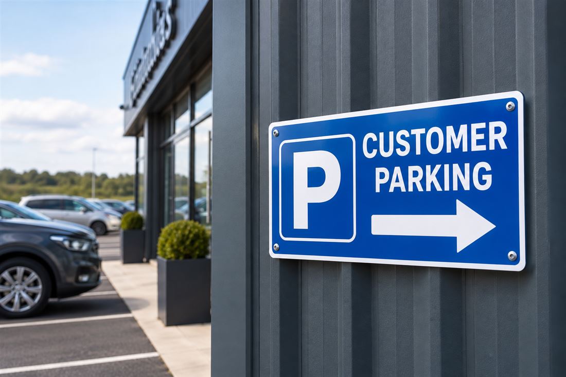 Parking sign: customer parking on a unit wall