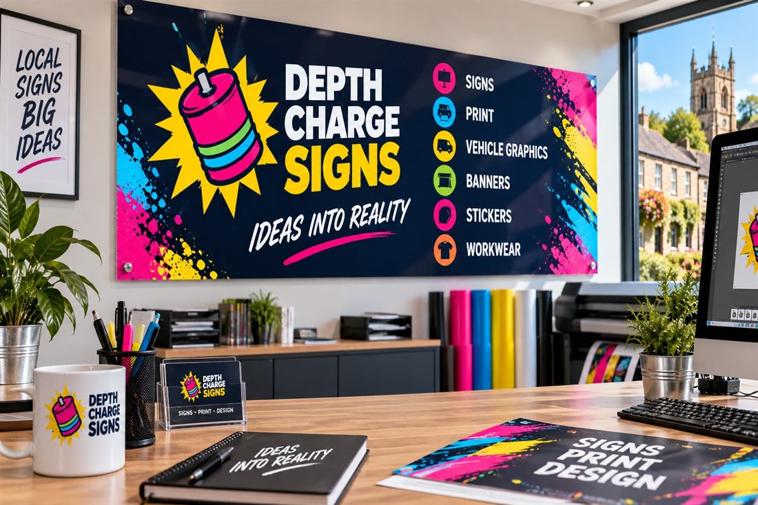 Small printed banner above a desk