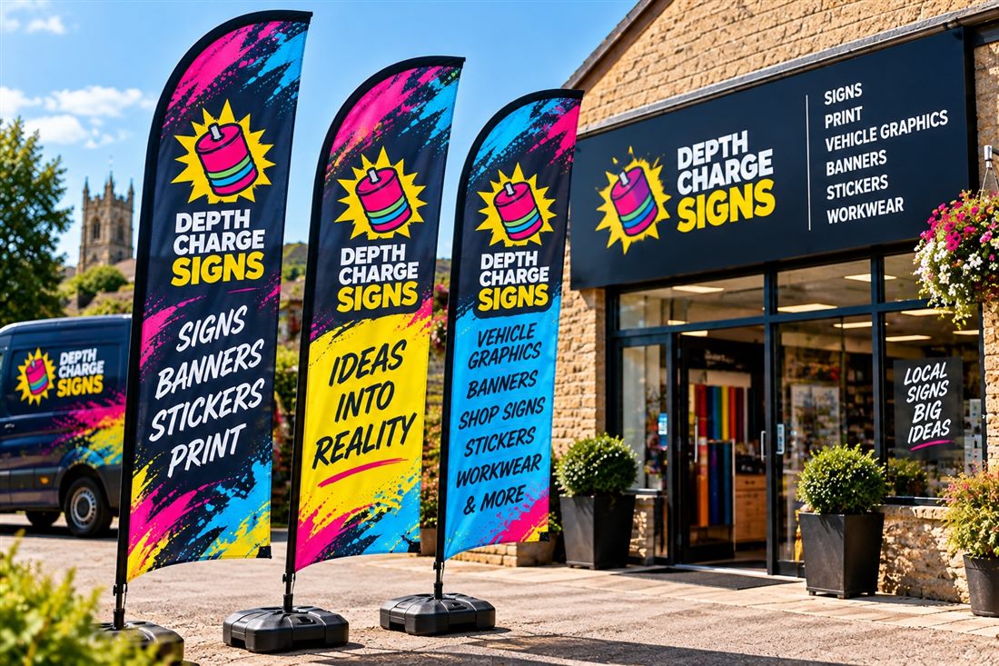 Three feather flags outside a workshop