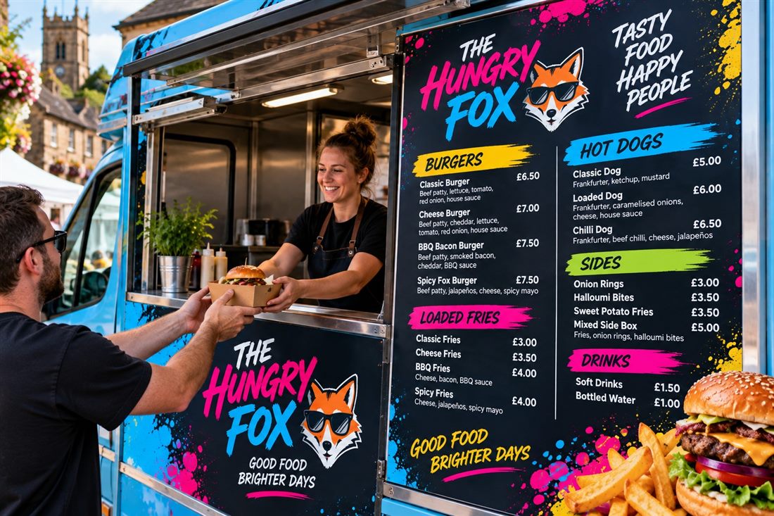 Printed menu board on the hatch of a street food van