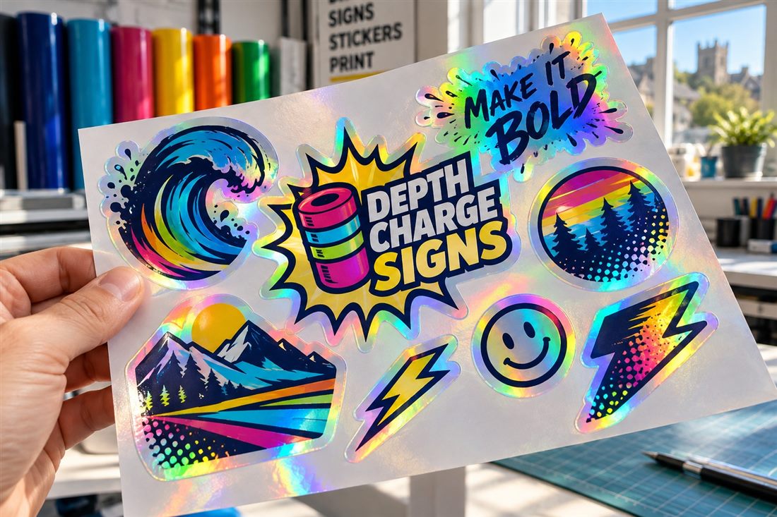 Sheet of holographic stickers shimmering with rainbow colours