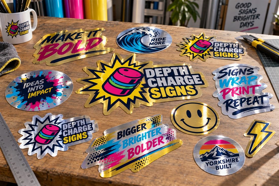 Die-cut metallic stickers in gold, silver and chrome finishes