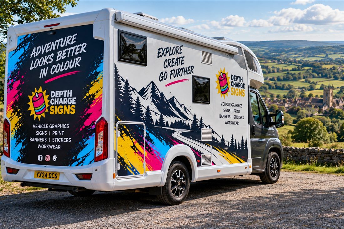 Motorhome with printed side graphics