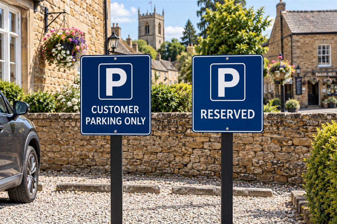 Customer parking only and reserved parking signs on posts
