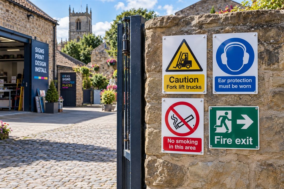 Caution, ear protection, no smoking and fire exit signs on a stone wall