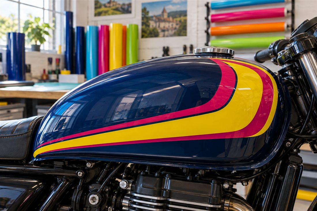 Motorbike fuel tank with yellow and magenta striped decals