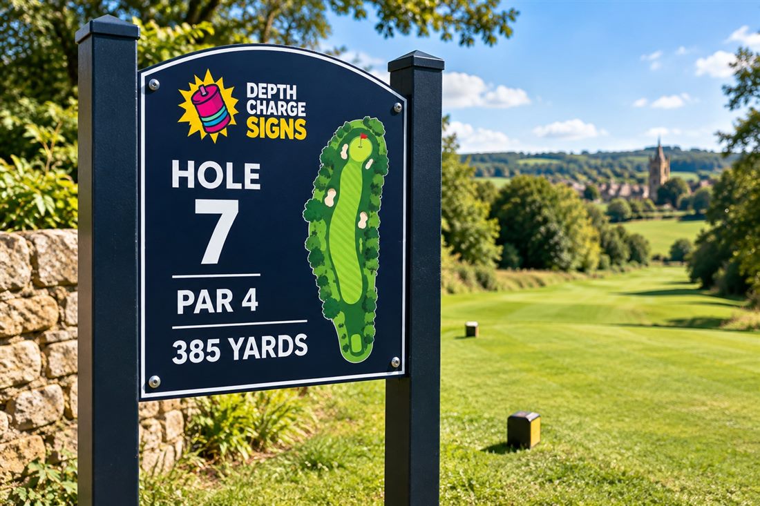 Golf tee sign showing hole 7, par 4, 385 yards